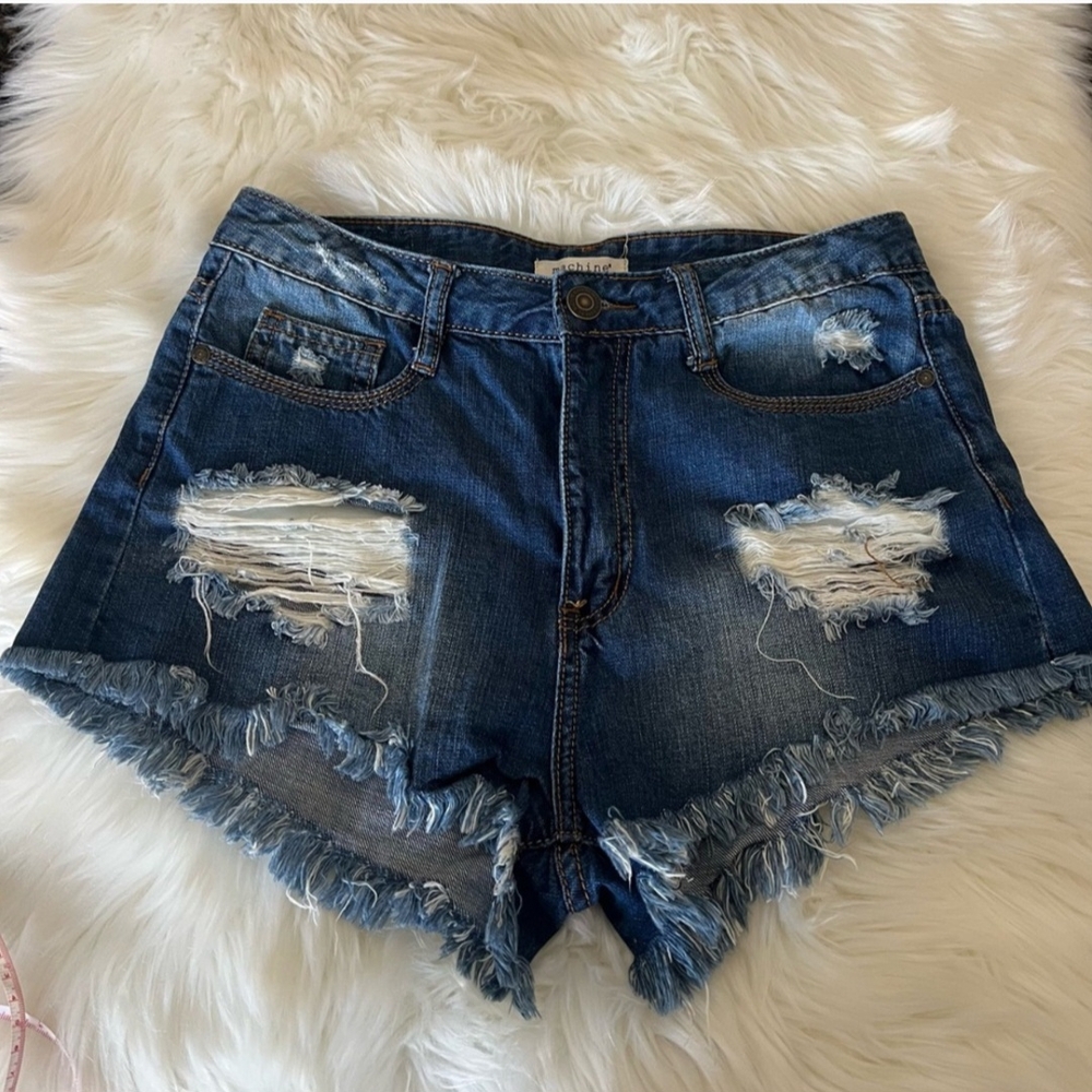 Machine Blue Distressed Cut Off  High-Waisted Jean Shorts, Size 30